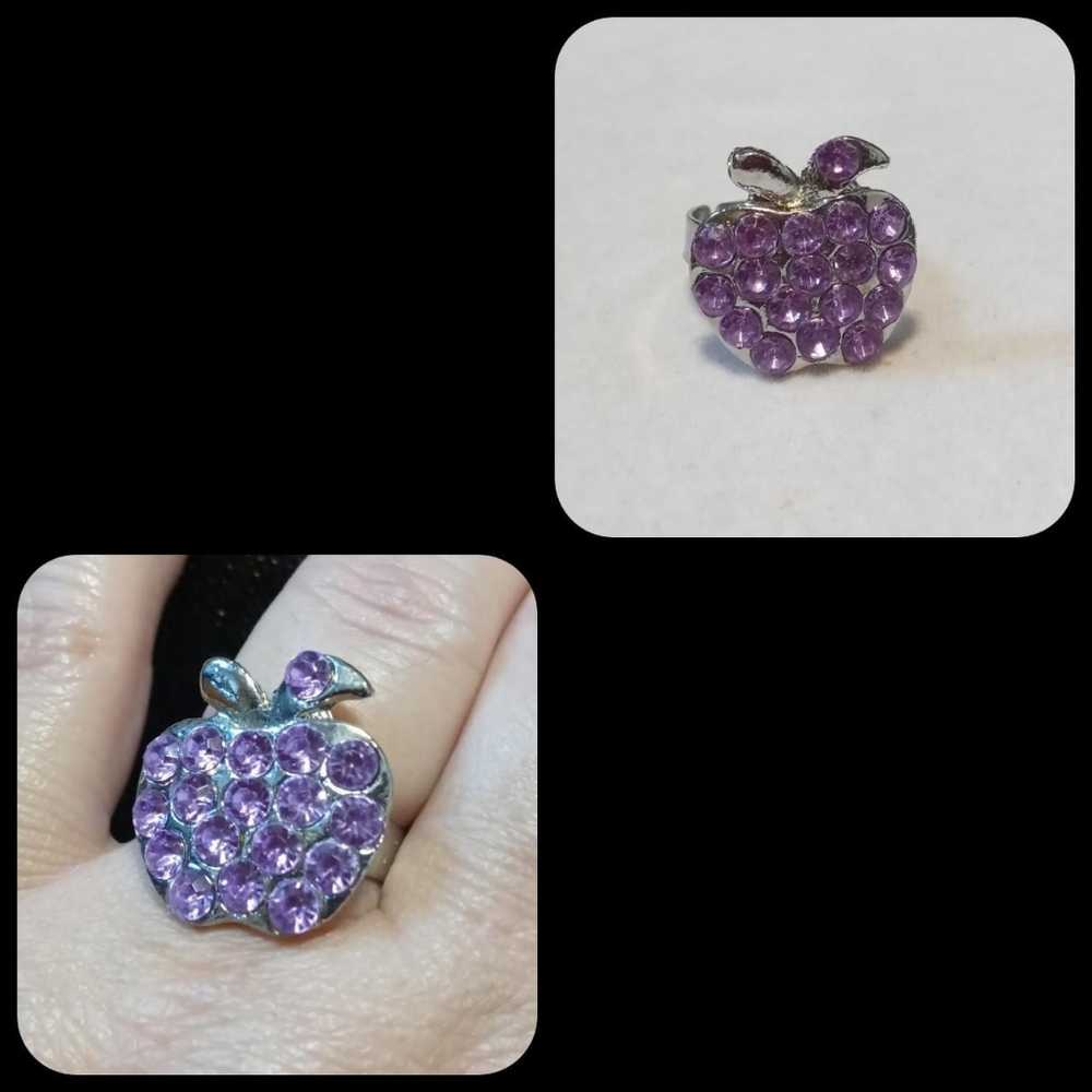 Adjustable Silver Plated Purple Rhinestone Apple Ring